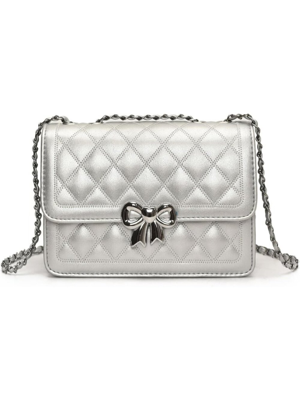 Women's Silver PU Leather Quilted Satchels With Chain Strap Crossbody Bags
